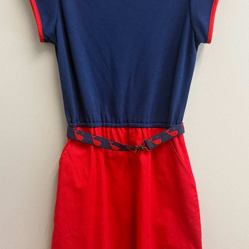 Vintage 80’s preppy whale dress small 7/8 red blue mini w pockets